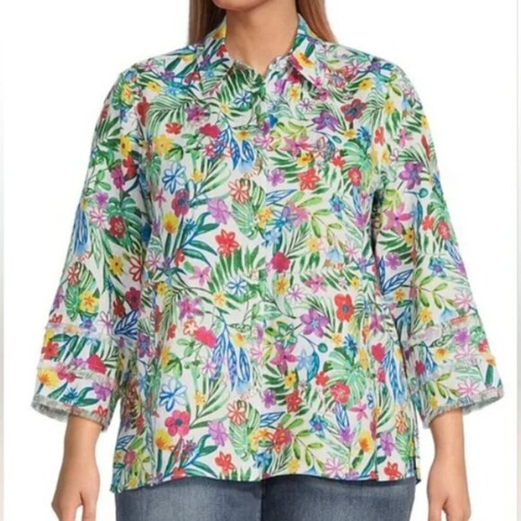 John Mark Plus Size 2X Embroidered Floral Multicolored Linen Capri Blouse Shirt - Picture 1 of 9